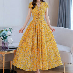 Floral Max Short Sleeve Casual Chiffon Dress