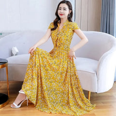 Floral Max Short Sleeve Casual Chiffon Dress