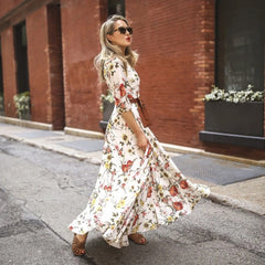 Floral Maxi Dress Half Sleeve Round Neck Tie Waist Dress