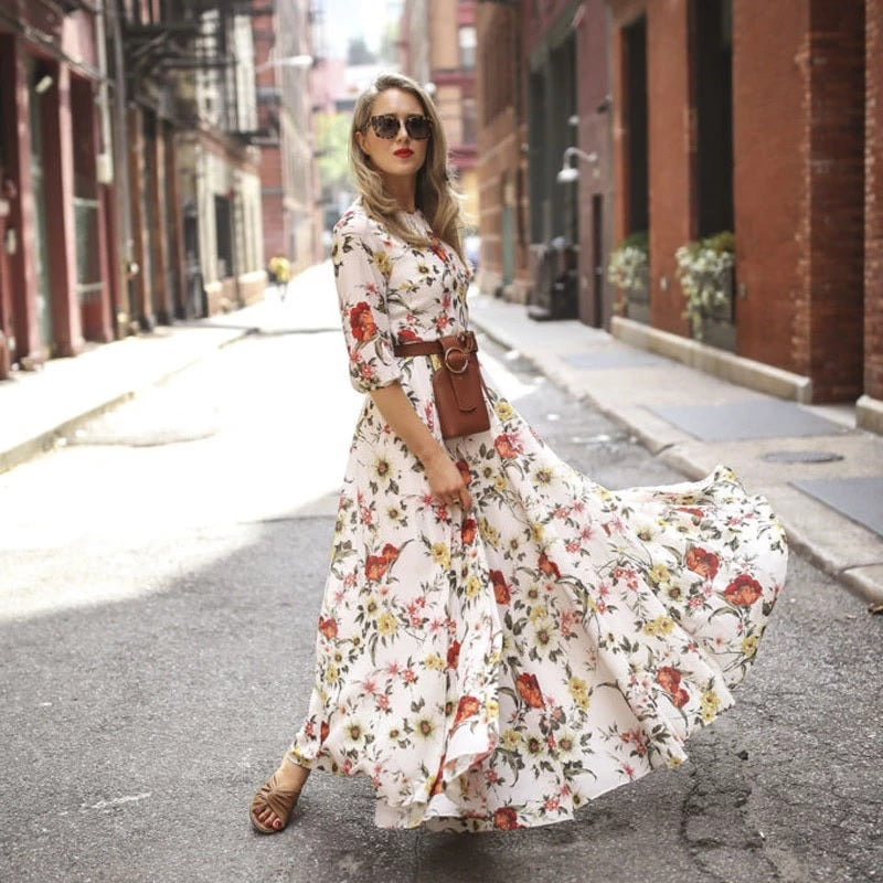 Floral Maxi Dress Half Sleeve Round Neck Tie Waist Dress