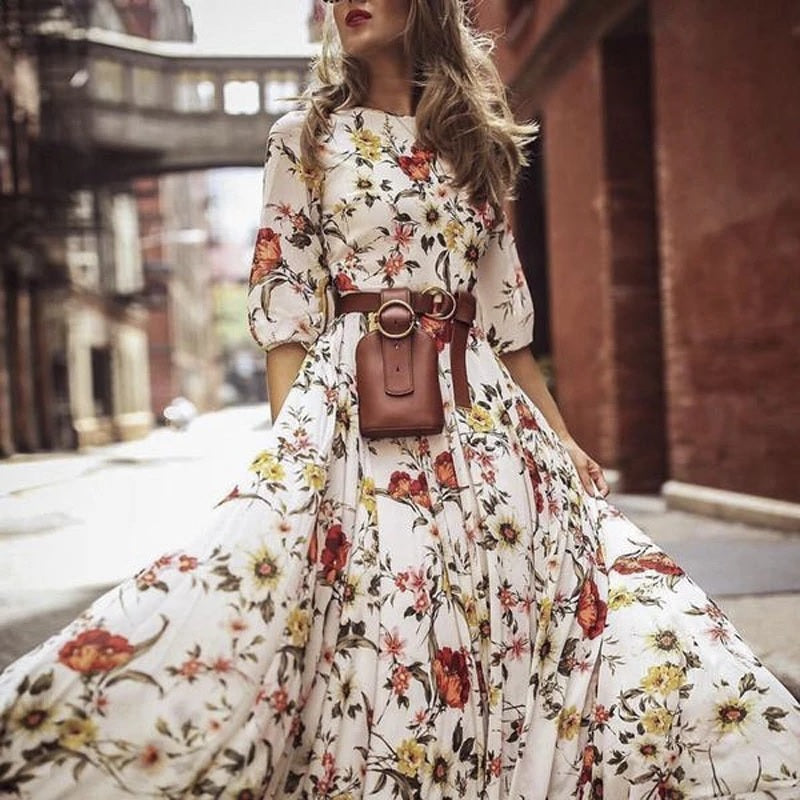 Floral Maxi Dress Half Sleeve Round Neck Tie Waist Dress