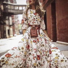 Floral Maxi Dress Half Sleeve Round Neck Tie Waist Dress