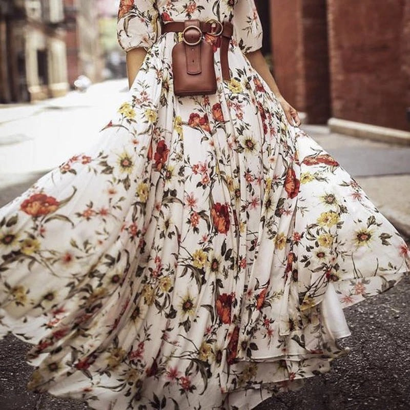 Floral Maxi Dress Half Sleeve Round Neck Tie Waist Dress