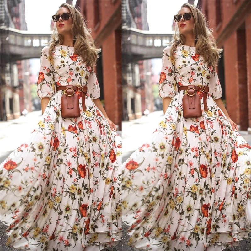 Floral Maxi Dress Half Sleeve Round Neck Tie Waist Dress