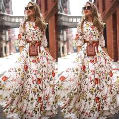 Floral Maxi Dress Half Sleeve Round Neck Tie Waist Dress