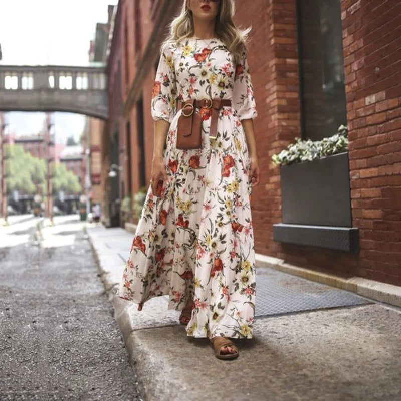 Floral Maxi Dress Half Sleeve Round Neck Tie Waist Dress