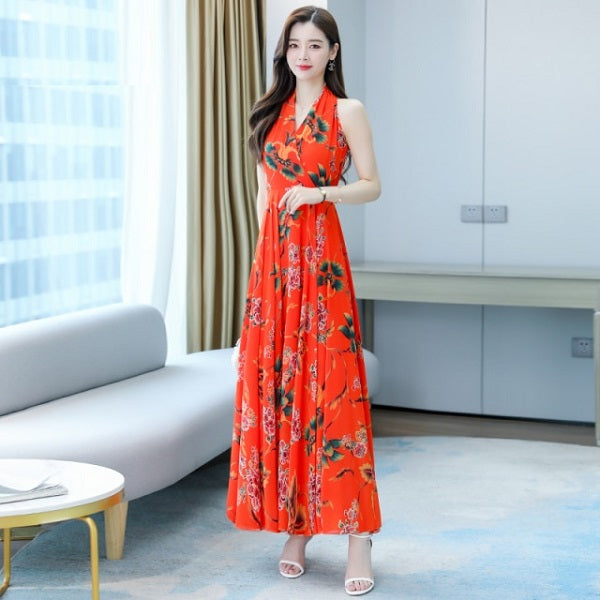 Floral Neck Mounted Casual Chiffon Dress