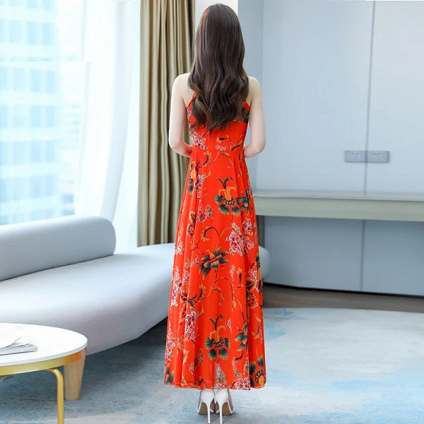 Floral Neck Mounted Casual Chiffon Dress