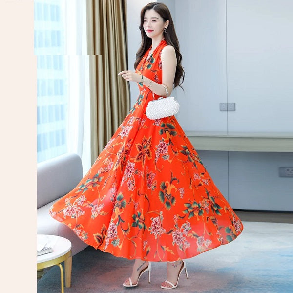 Floral Neck Mounted Casual Chiffon Dress