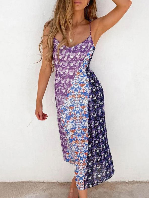 Floral Patchwork Backless Slip Cotton Maxi Dresses