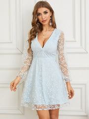 Floral Pattern Mesh Stitch Long Sleeve V-neck Dress