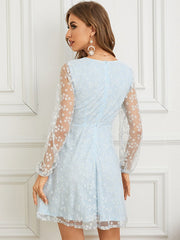 Floral Pattern Mesh Stitch Long Sleeve V-neck Dress