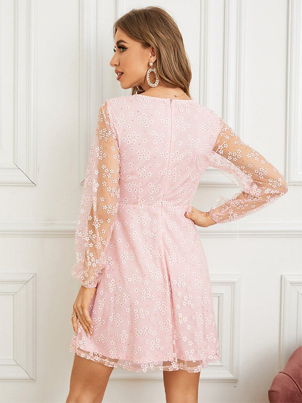 Floral Pattern Mesh Stitch Long Sleeve V-neck Dress