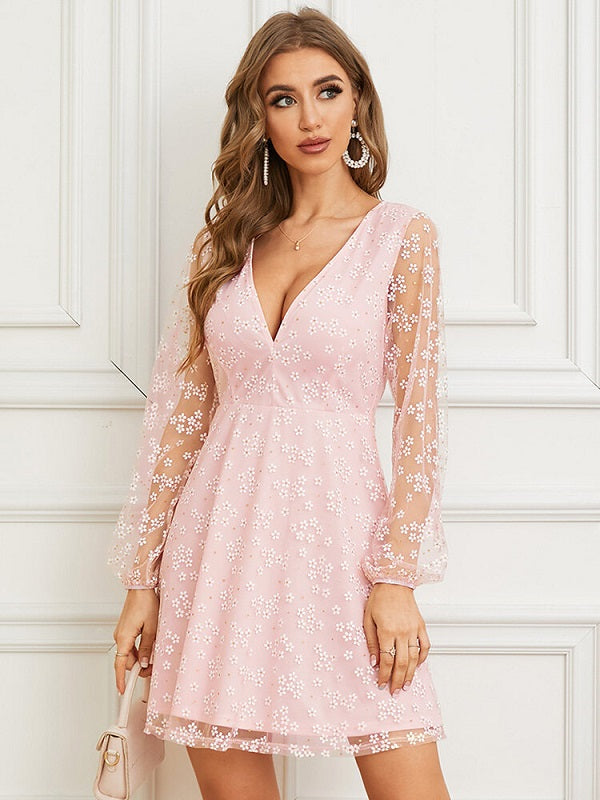 Floral Pattern Mesh Stitch Long Sleeve V-neck Dress