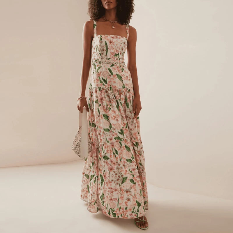 Floral Print A-Line Slash Neck Hollow Sleeveless Backless Straps Boho Long Dress