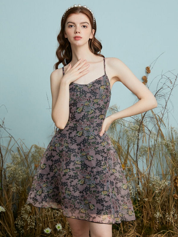 Floral Print Adjustable Strap Open Back Dress