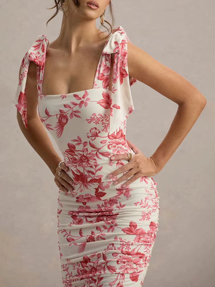 Floral Print Backless Spaghetti Strap Square Collar Ruched Bodycon Club Party Dress