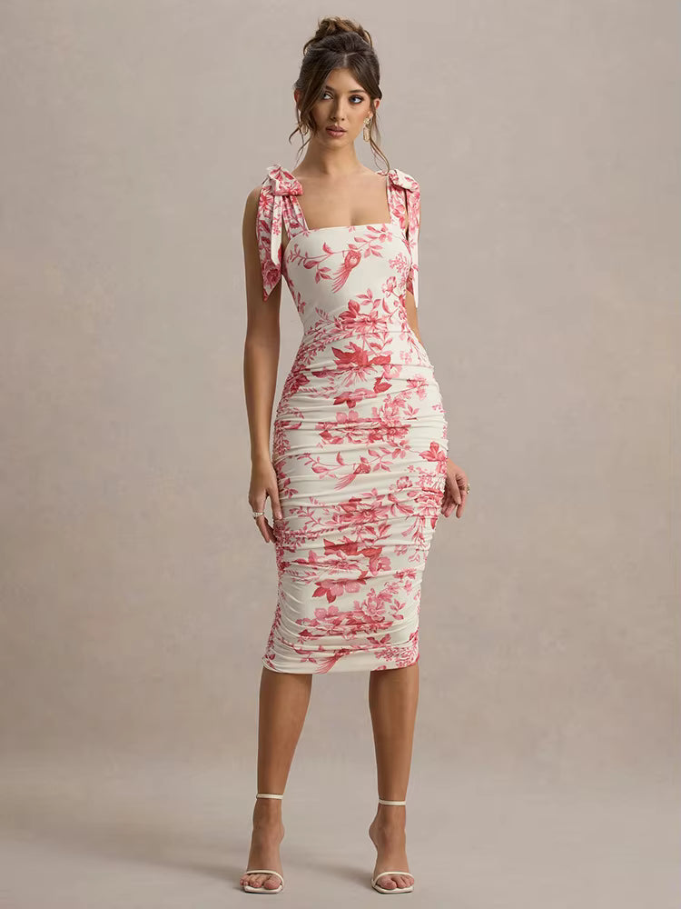 Floral Print Backless Spaghetti Strap Square Collar Ruched Bodycon Club Party Dress