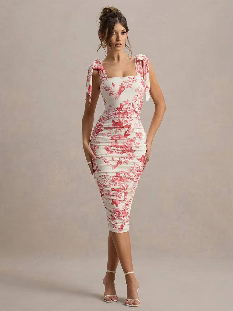 Floral Print Backless Spaghetti Strap Square Collar Ruched Bodycon Club Party Dress