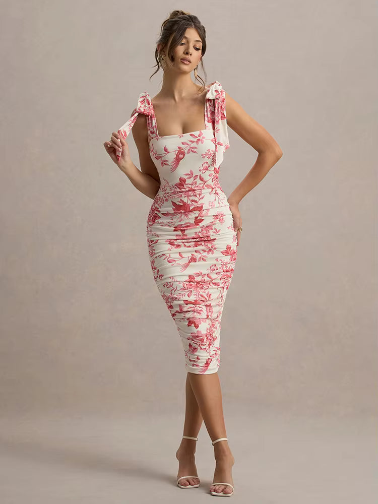 Floral Print Backless Spaghetti Strap Square Collar Ruched Bodycon Club Party Dress
