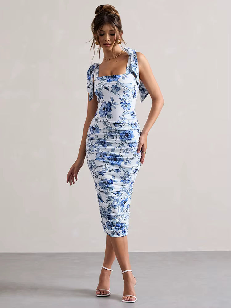 Floral Print Backless Spaghetti Strap Square Collar Ruched Bodycon Club Party Dress