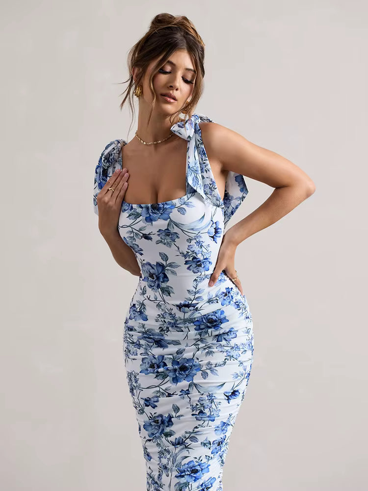 Floral Print Backless Spaghetti Strap Square Collar Ruched Bodycon Club Party Dress