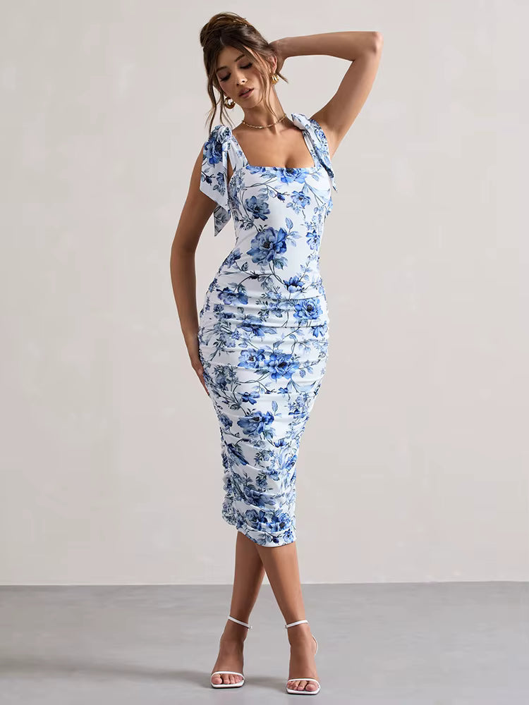 Floral Print Backless Spaghetti Strap Square Collar Ruched Bodycon Club Party Dress