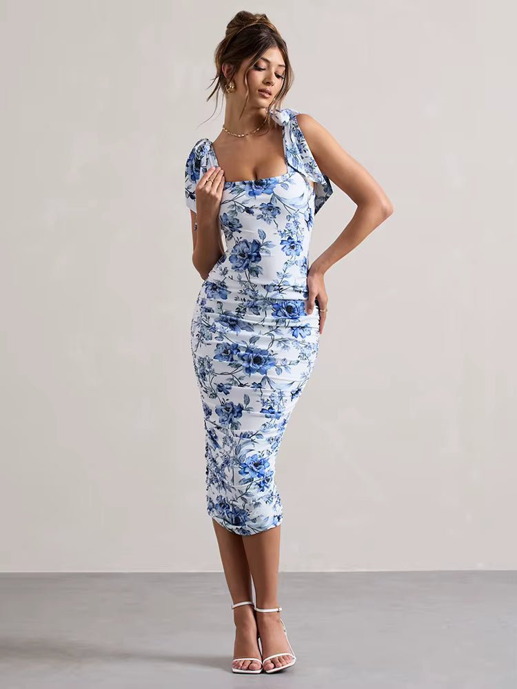 Floral Print Backless Spaghetti Strap Square Collar Ruched Bodycon Club Party Dress