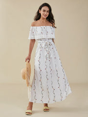 Floral Print Belt Fringe Trim Off The Shoulder Maxi Dress