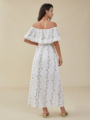 Floral Print Belt Fringe Trim Off The Shoulder Maxi Dress