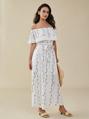 Floral Print Belt Fringe Trim Off The Shoulder Maxi Dress