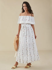 Floral Print Belt Fringe Trim Off The Shoulder Maxi Dress
