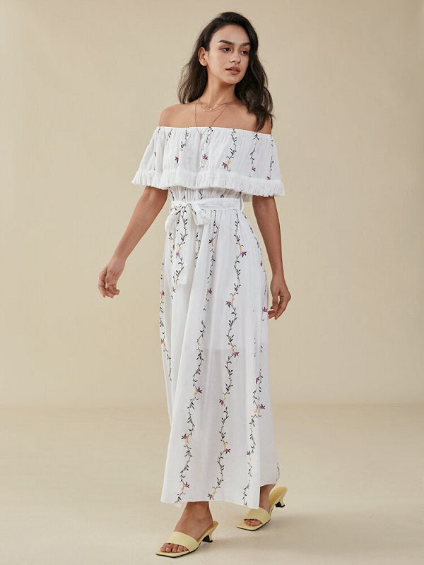 Floral Print Belt Fringe Trim Off The Shoulder Maxi Dress