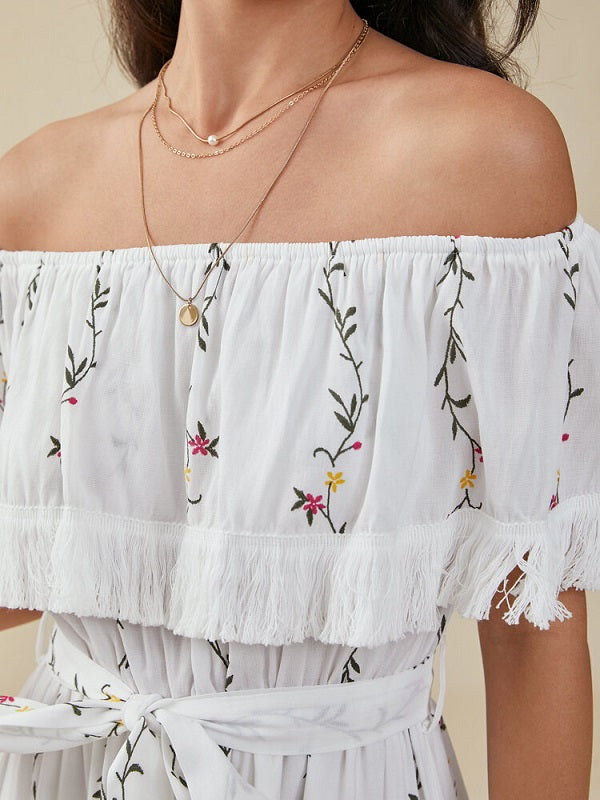 Floral Print Belt Fringe Trim Off The Shoulder Maxi Dress