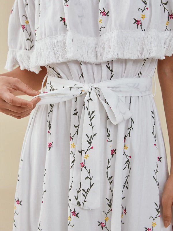Floral Print Belt Fringe Trim Off The Shoulder Maxi Dress