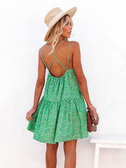 Floral Print Bohemian V-Neck Backless Dress