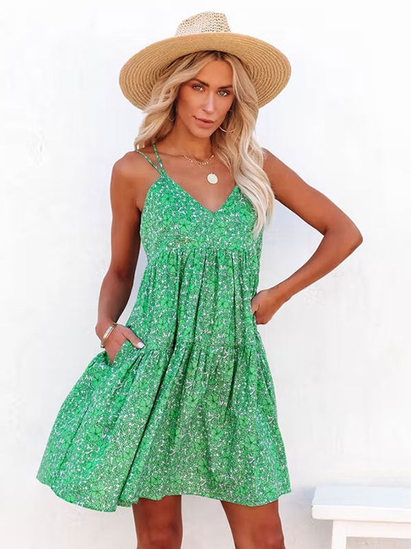 Floral Print Bohemian V-Neck Backless Dress