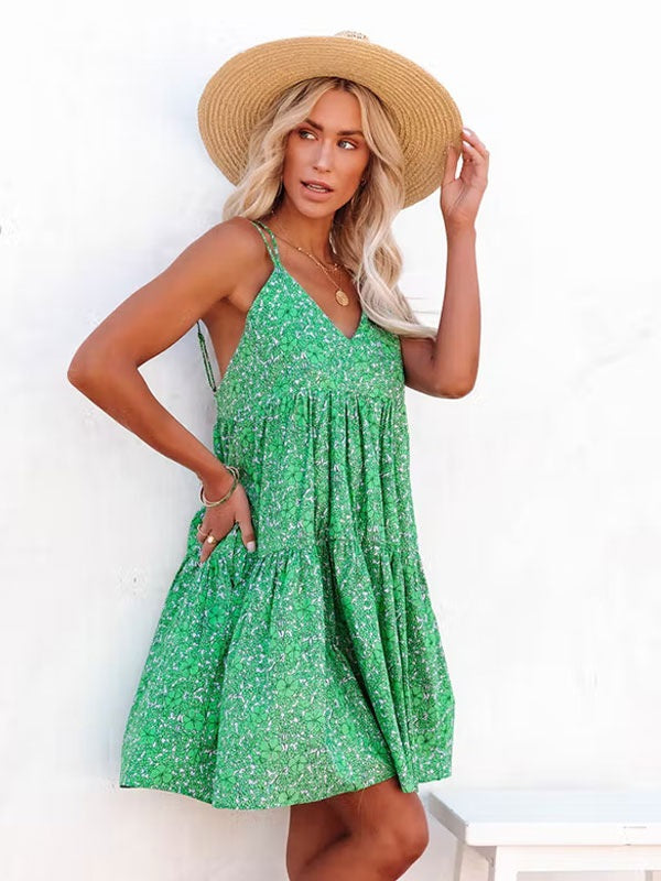Floral Print Bohemian V-Neck Backless Dress