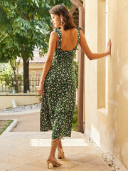 Floral Print Bow Tie Sleeveless Open Back Ruffle Trim Dress