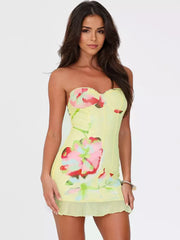 Floral Print Bustier With Sweetheart Neckline And Ruffled Hem Mini Dress