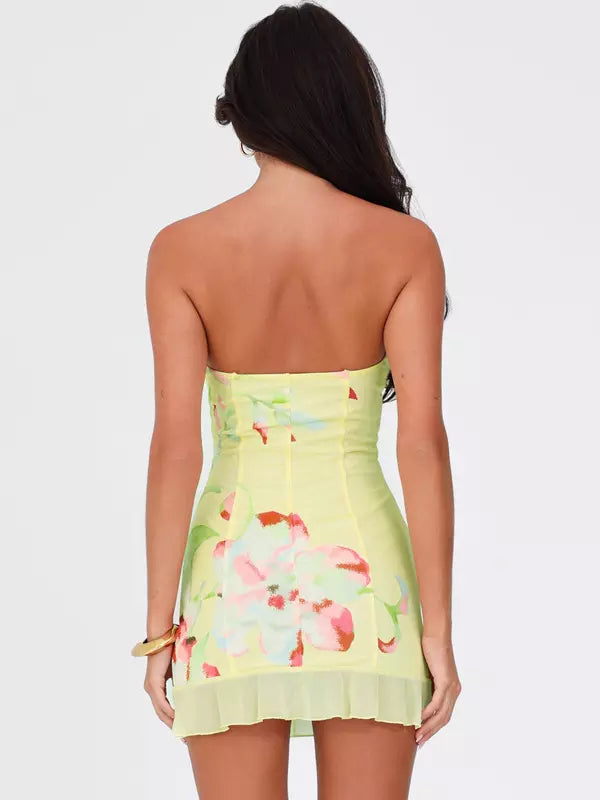 Floral Print Bustier With Sweetheart Neckline And Ruffled Hem Mini Dress