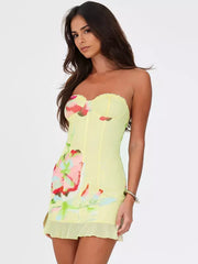 Floral Print Bustier With Sweetheart Neckline And Ruffled Hem Mini Dress