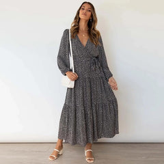 Floral Print Casual Long Sleeve V-neck Maxi Dress