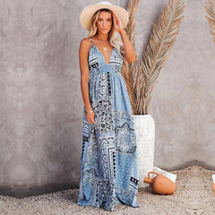 Floral Print Casual V-neck Backless Maxi Dress