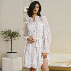 Floral Print Chiffon Dress Pleated Lace Up Ruffle Short Mini Dress