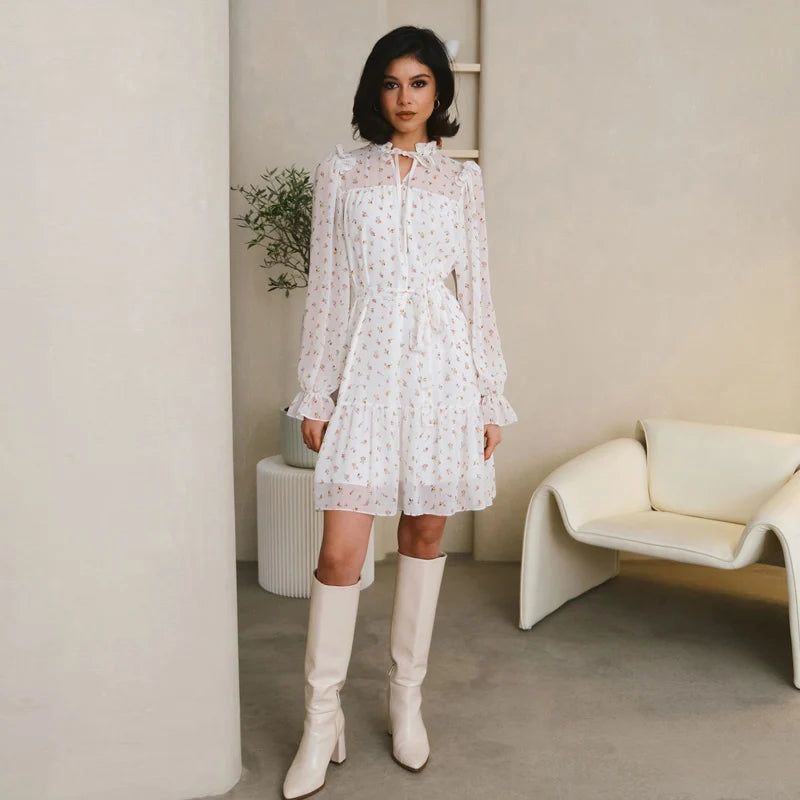 Floral Print Chiffon Dress Pleated Lace Up Ruffle Short Mini Dress