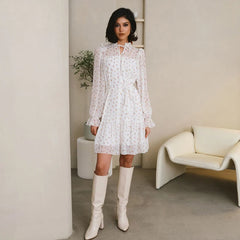 Floral Print Chiffon Dress Pleated Lace Up Ruffle Short Mini Dress