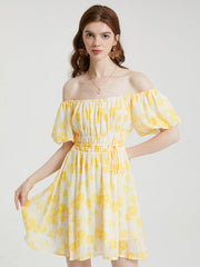 Floral Print Chiffon Lantern Sleeve Off The Shoulder Tie Dress