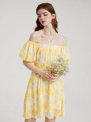 Floral Print Chiffon Lantern Sleeve Off The Shoulder Tie Dress
