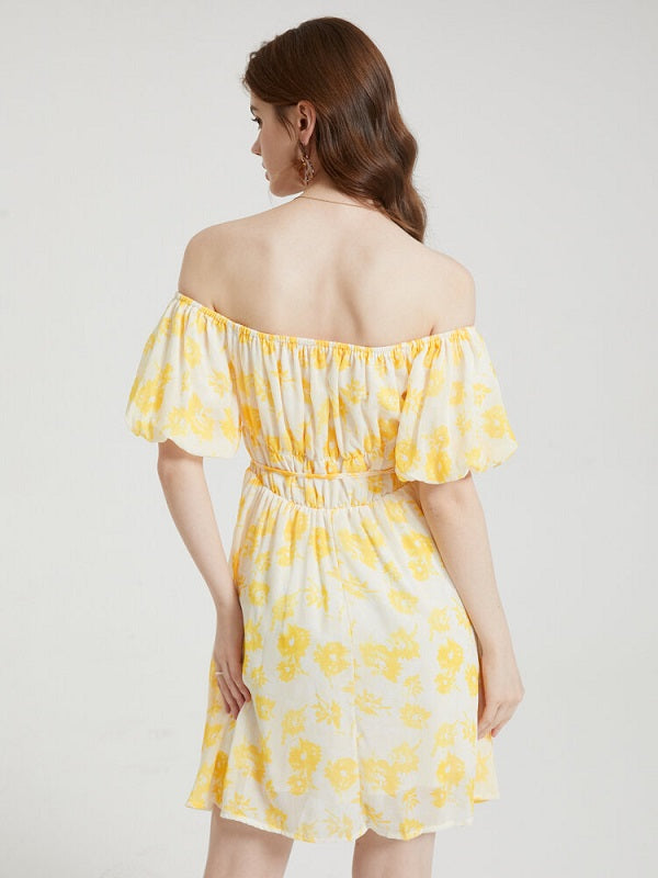 Floral Print Chiffon Lantern Sleeve Off The Shoulder Tie Dress